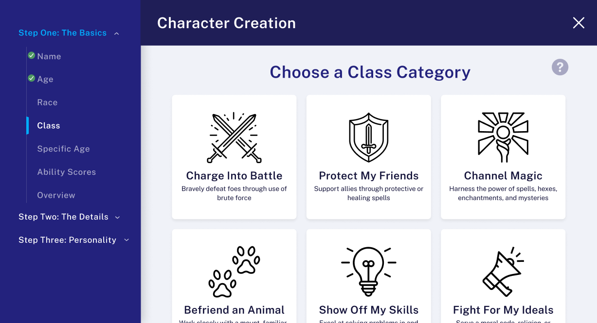 A screenshot of the Character Creator, prompting the user to choose a class category