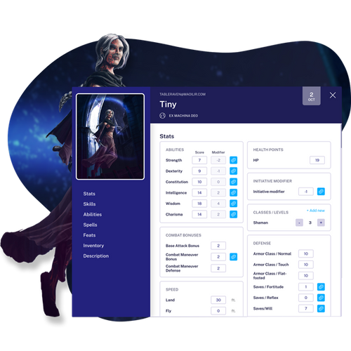 Female role play character on blue background with screenshot of TableRaven character sheet
