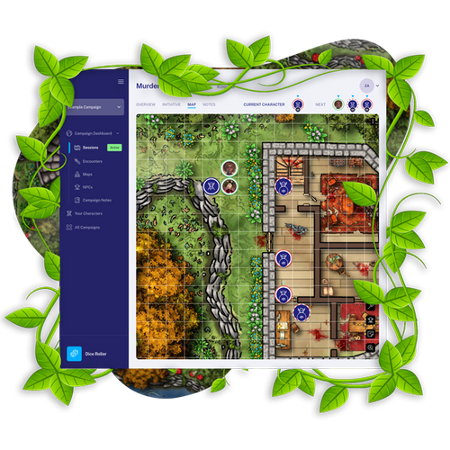 A screenshot of TableRaven's map with tokens and grid on top of it and green vines wrapping around the screenshot