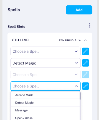 A screenshot of the spells interface, listing the user’s available spell slots